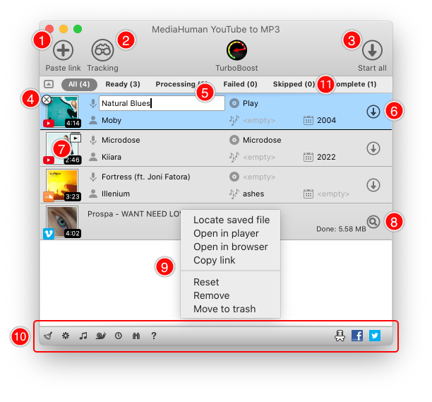 Main window interface elements of YouTube to MP3 Converter explained